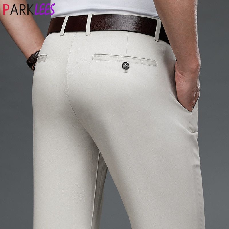 White Straight Stretch Dress Pants Men 2022 Spring New Formal Office Flat-Front Trousers Mens Business Wedding Groom Suit Pants