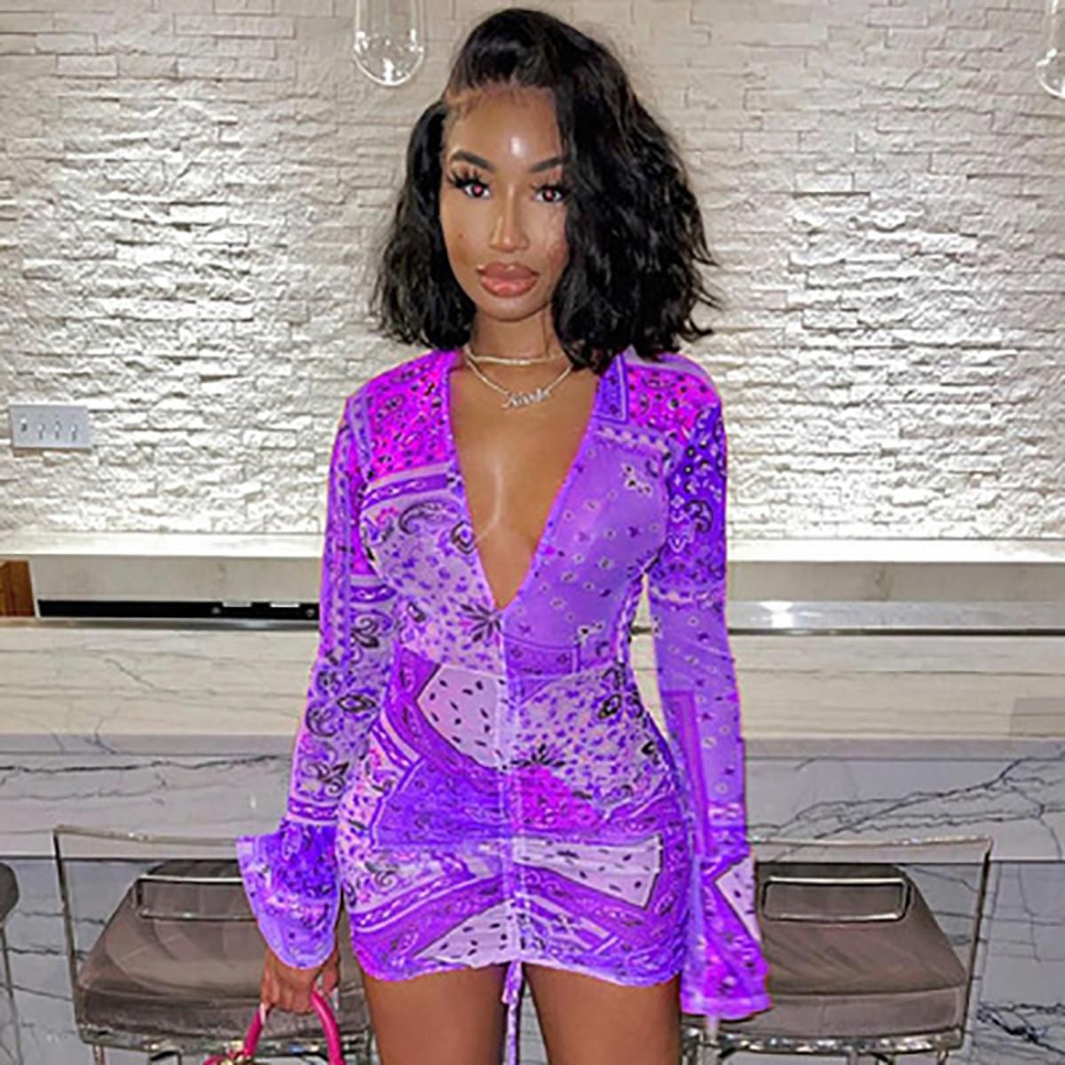 Deep V Neck Paisley Print Party Dresses Drawstring Mesh Long Sleeve Transparent Club Outfit Women Bandana Mini Dress