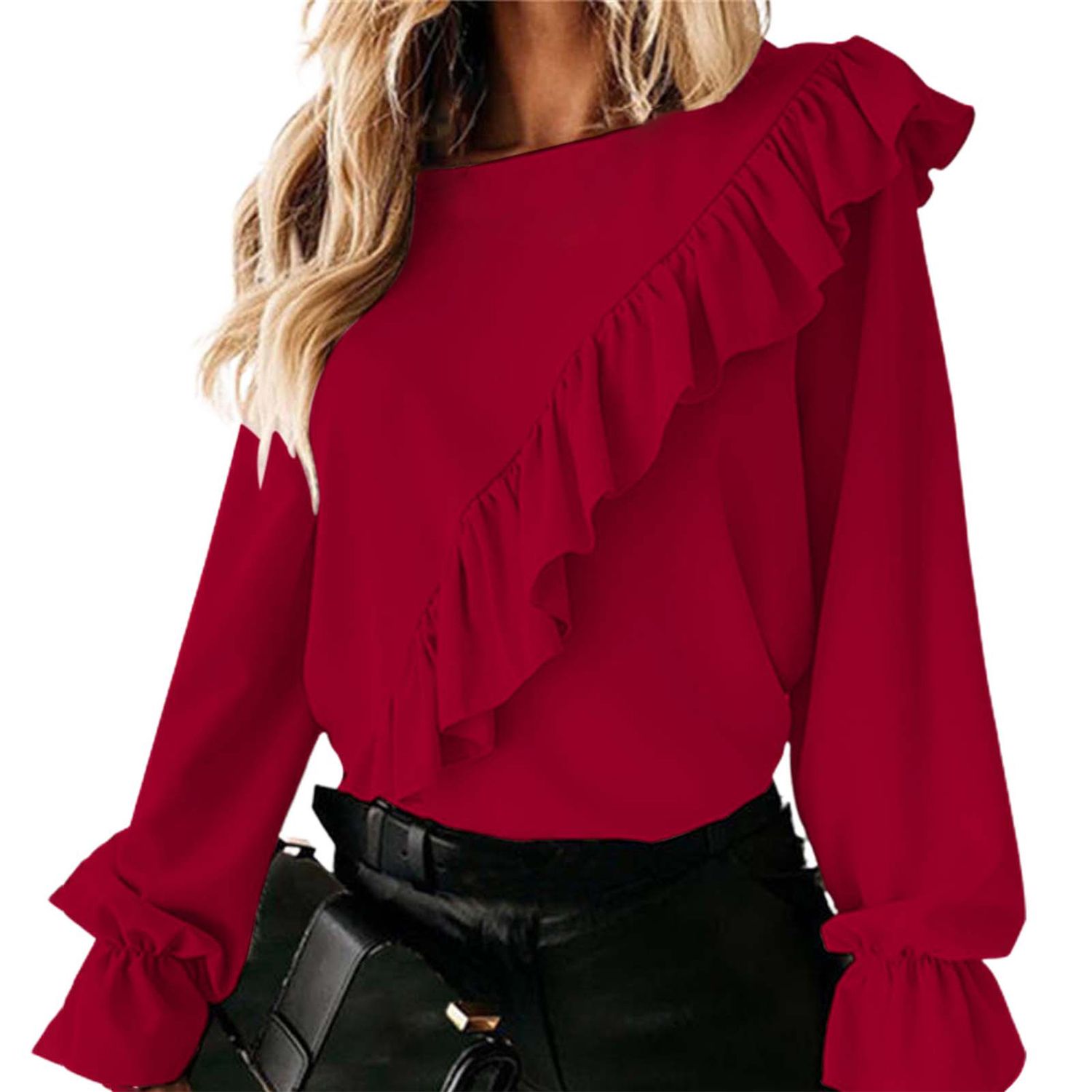 Women Blouse Pure Color Long Sleeve Ruffles Shirt