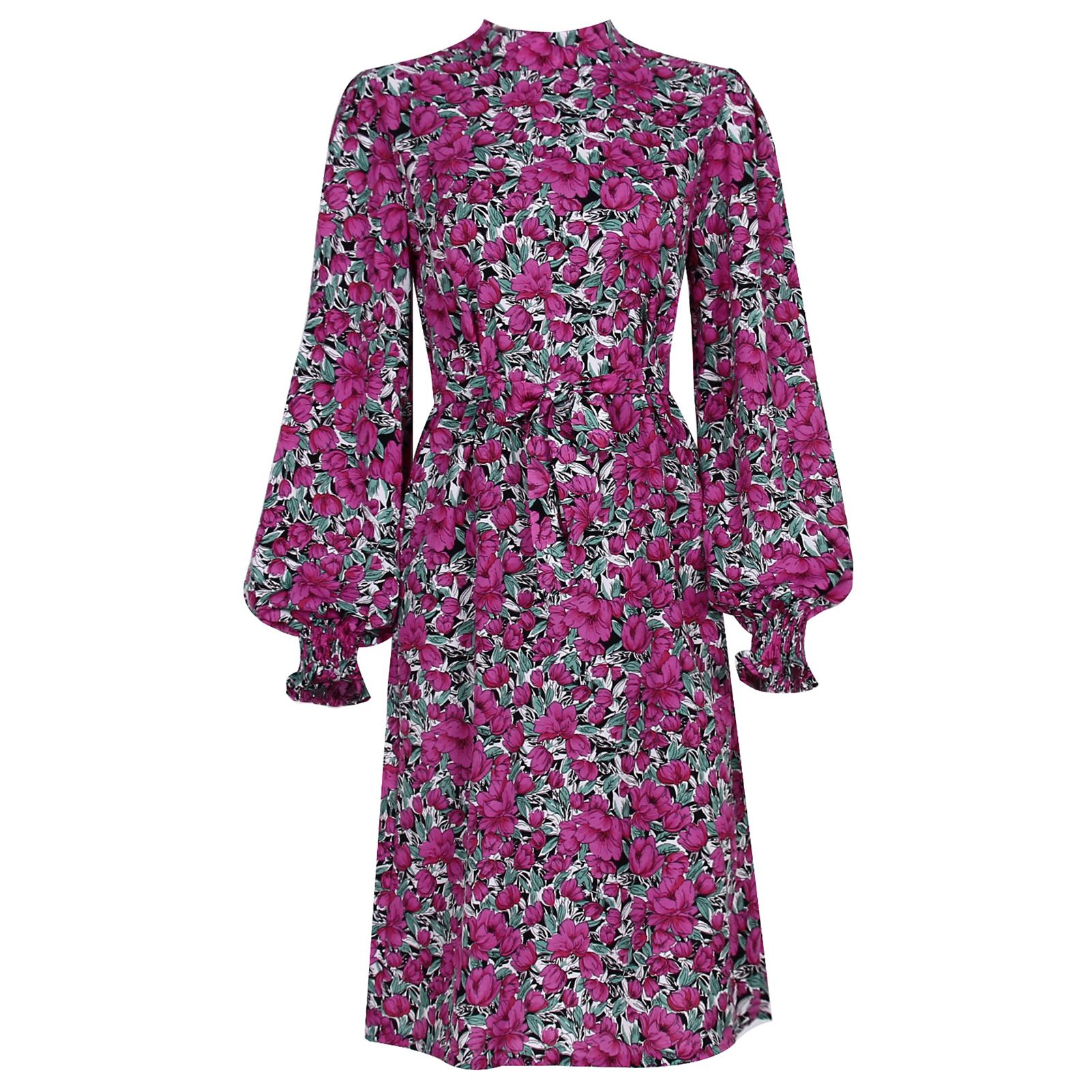 Midi Dress Floral Print Lantern Sleeve Women Stand Collar A-line Belt Dress for Travel