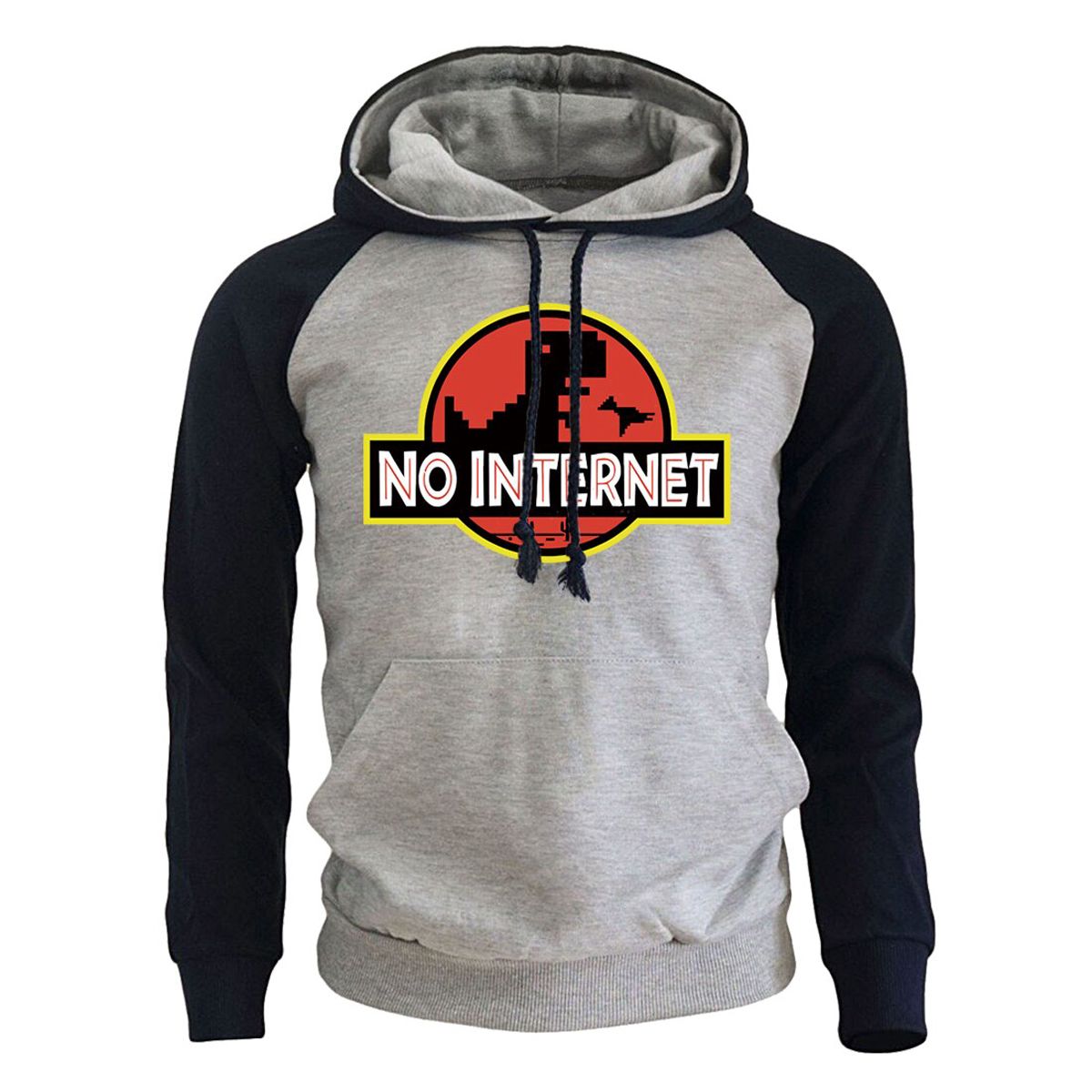 NO INTERNET Cartoon Dinosaur Game Hoodies,  Hop Printed Winter Hooded Raglan Sweatershirts for Male T-rex Park Tops for Men