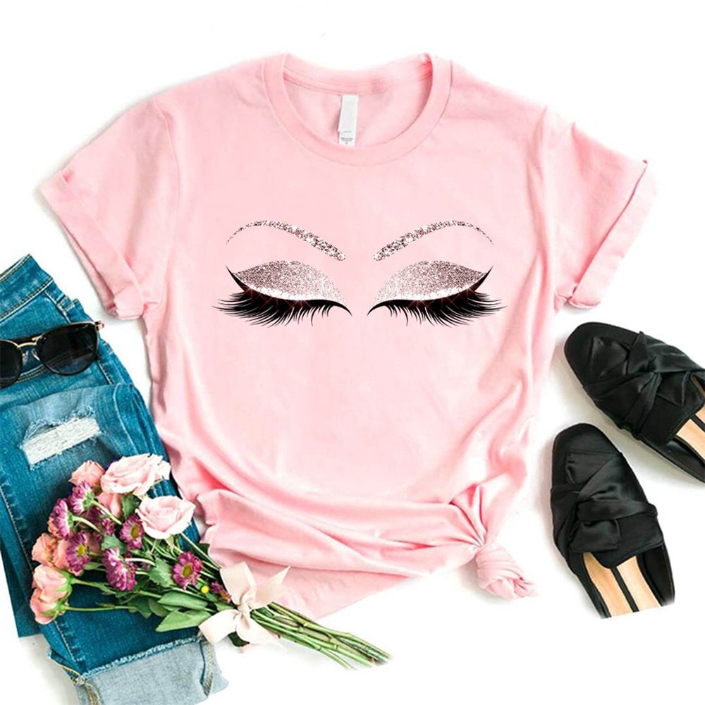 Women Eyelash Pink Art T shirt Girl Camiseta Maquillaje Koszulki Makeup Hipster Graphic Tshirt Female Tumblr T-shirt,Drop Ship