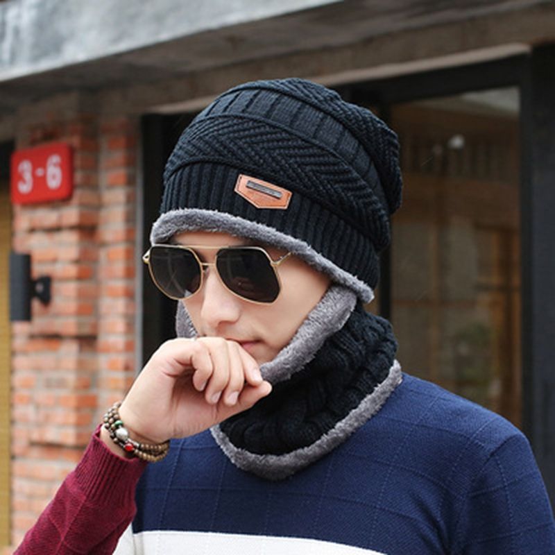 Men & woman 2PCS Beanie Hat Scarf Set, Winter Soft Warm Wool Lined Thick Knitted Lining Cap+Circle Scarf Kit,