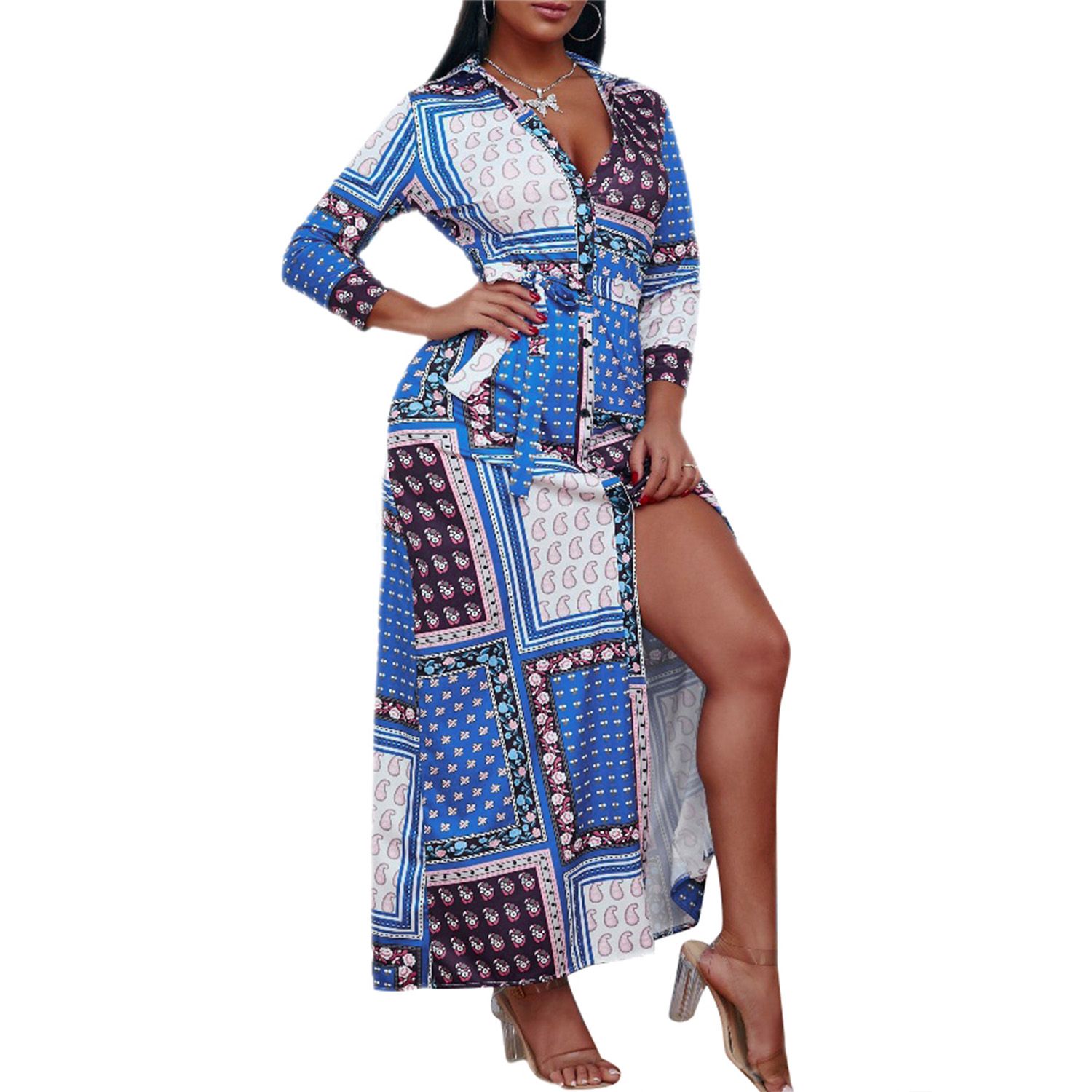 Women Elegant Printed Long Dress, Lapel V Neck 3/4 Sleeve Digital Printing Pattern High Waist Front Split Shirt Maxi Dress