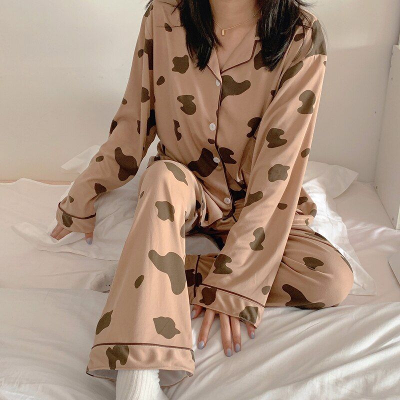 Women's Pajamas  Autumn Spring Long Sleeve Soft Sleepwear Set Striped cartoon pyjama Woman Home Nightwear Set Cardigan