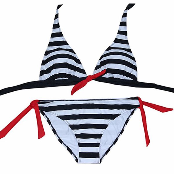 Women Summer Two Piece Swimwear Halter Top Plaid Stripe Bikini Set Swimsuit