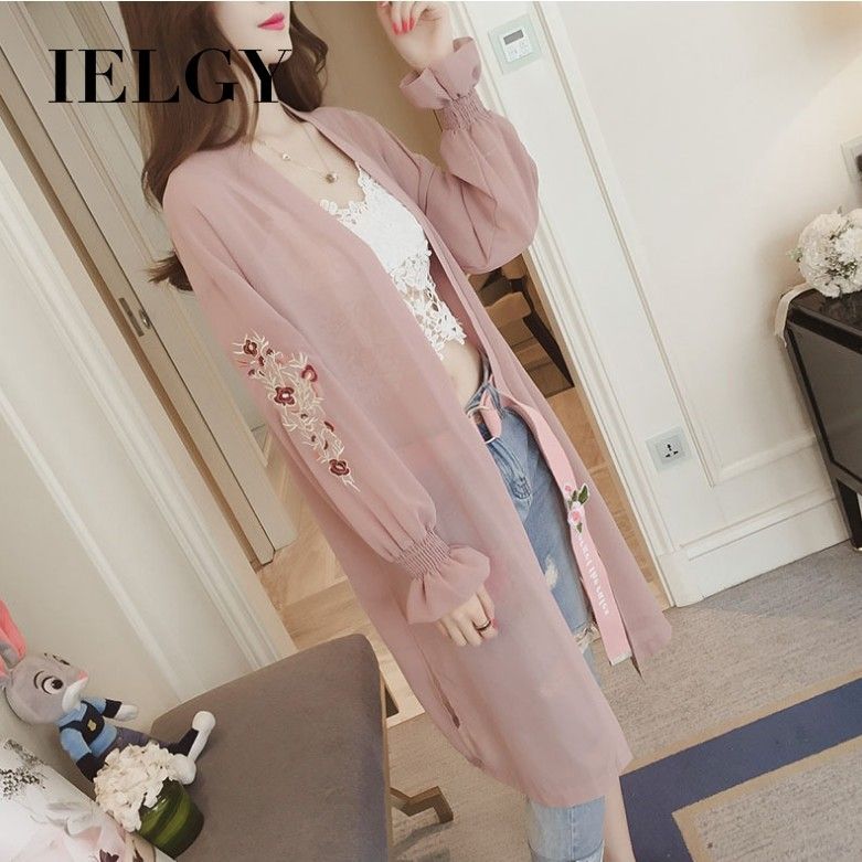 IELGY embroidered trumpet sleeve chiffon shirt women's long section casual loose long-sleeved sunscreen cardigan jacket
