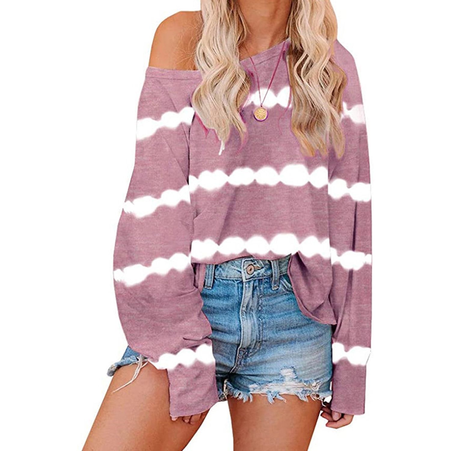 Women's Tie-dye Striped Print Top Fashion Casual Wild Loose Long Sleeve Round Neck T-shirt