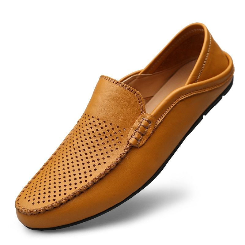 Leather Men Casual Shoes Italian Men Loafers Moccasins Slip On Men's Flats Breathable Hollow Out Male Driving Shoes