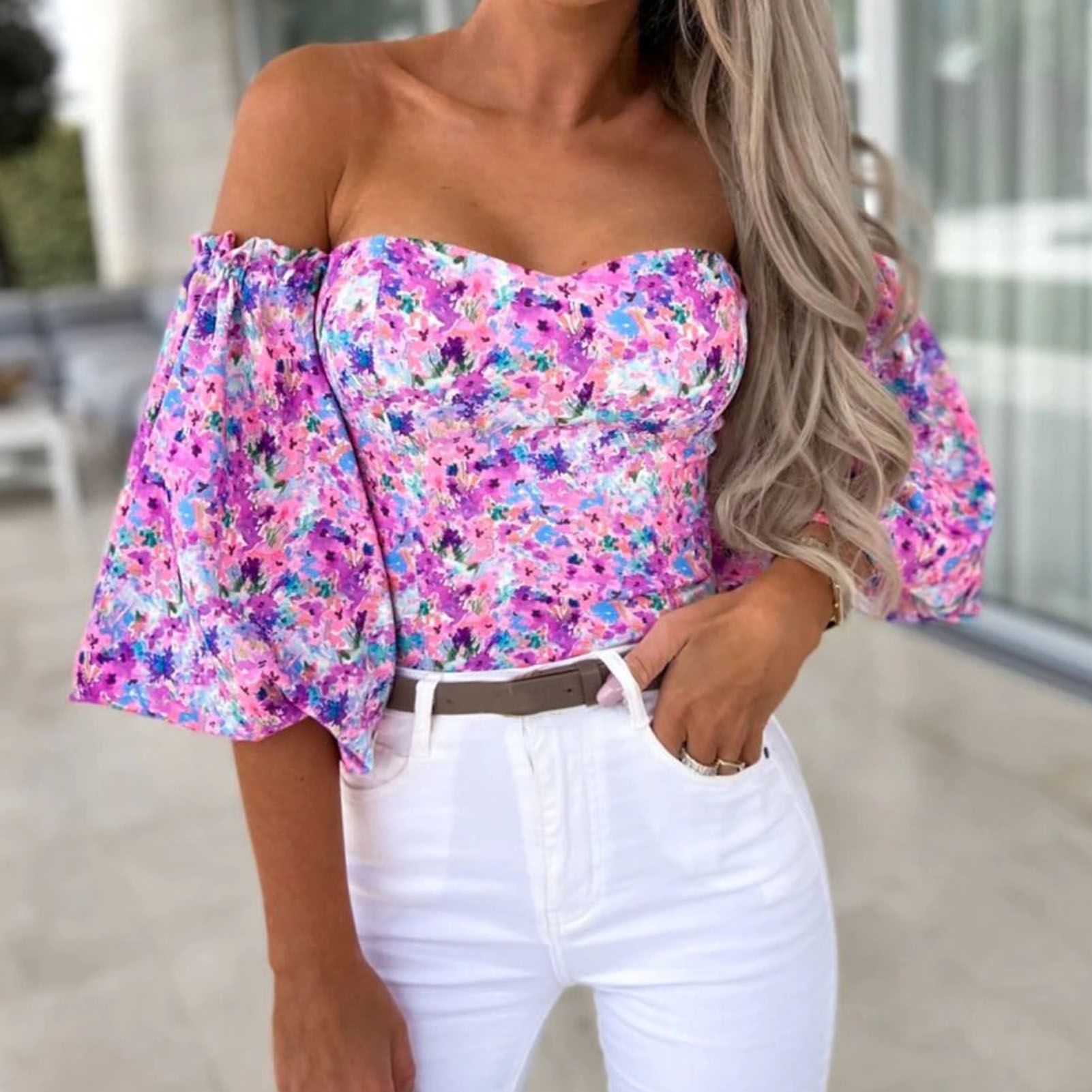 Blouse Top Wrap Chest Off Shoulder Lantern Sleeve Pullover Top