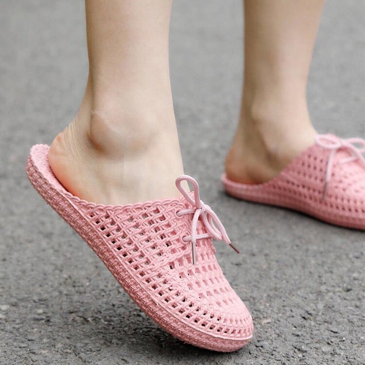 Women Slides Korean Style Knitted Flat Shoes Gardener Shoes Show Home Slippers For Family Outdoor Flip Flops