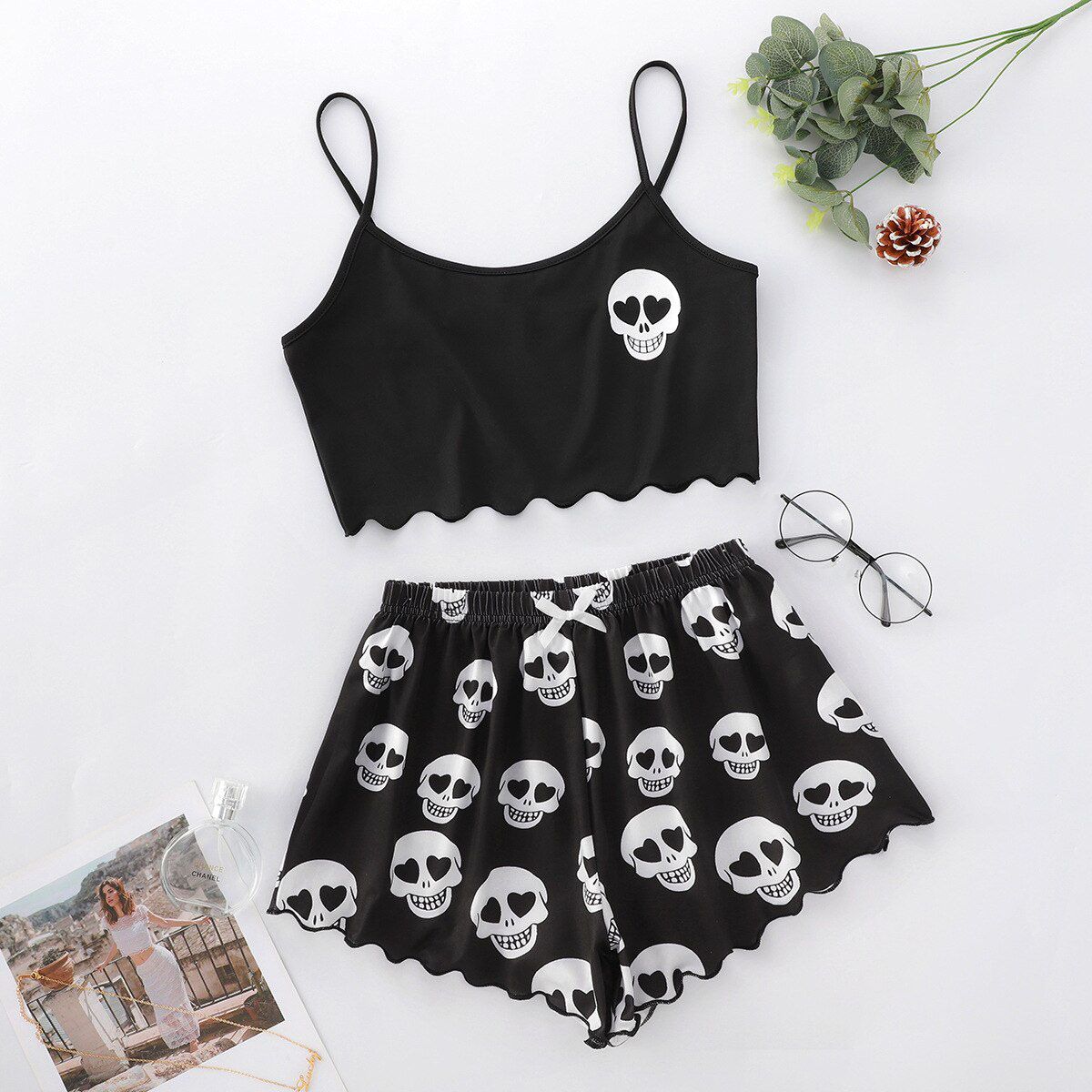 2 Pieces Skeleton Print Pijamas for Girls Set Summer Women Sleepwear Long Sleeve Nightgown Female Ladies y Lingerie Pajamas