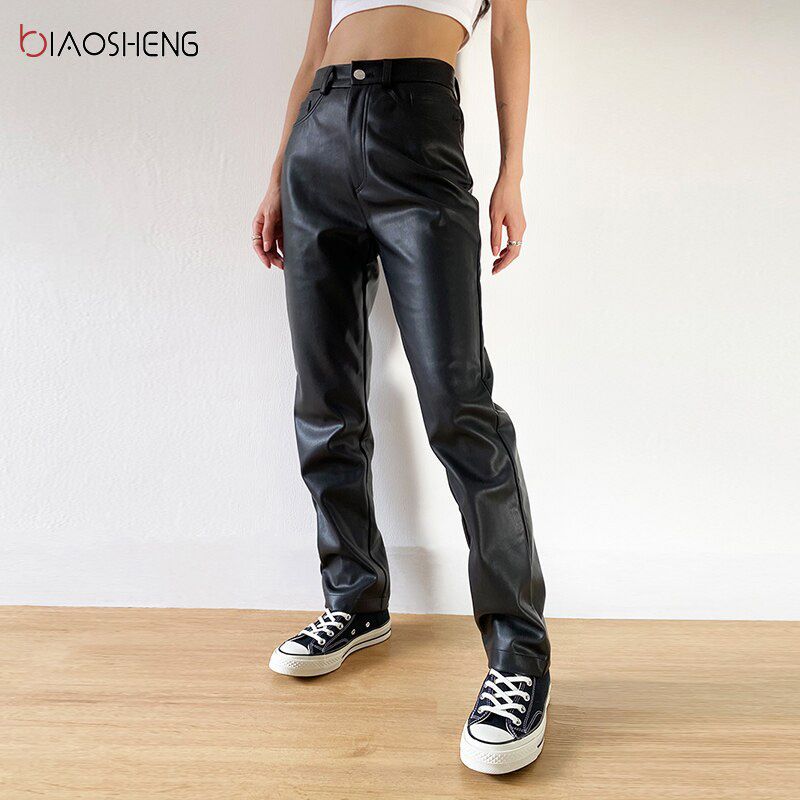 Cargo Pants Women Black Faux Leather Pants High Waist Pants Pockets Fashion Straight Trousers Streetwear