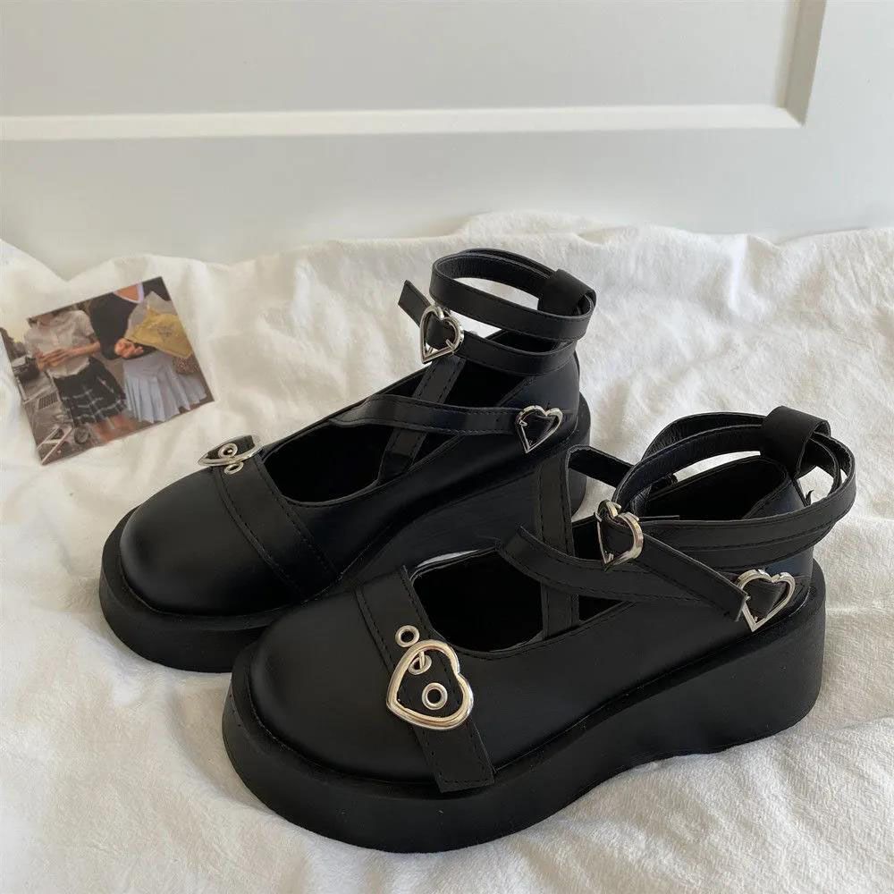 Women Shoes Kawaii Cosplay Shoes Sweet Lolita Shoes Platform Round Head Thick Heel Cross Bandage Women Shoes