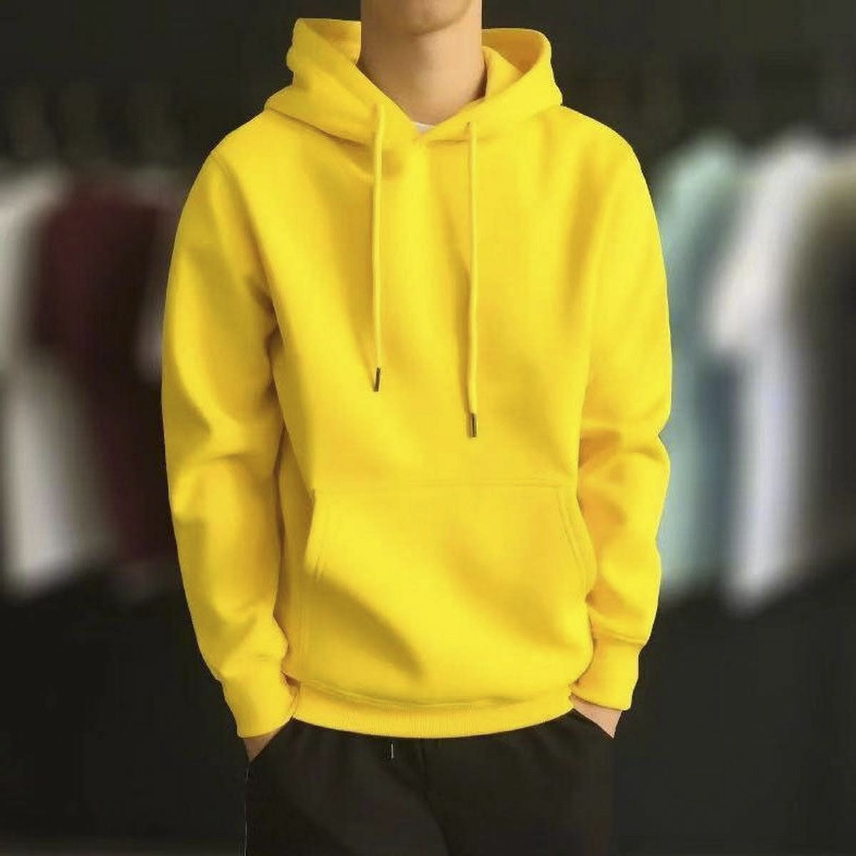 Yellow Non Zipper Fleece Hoodie For Men