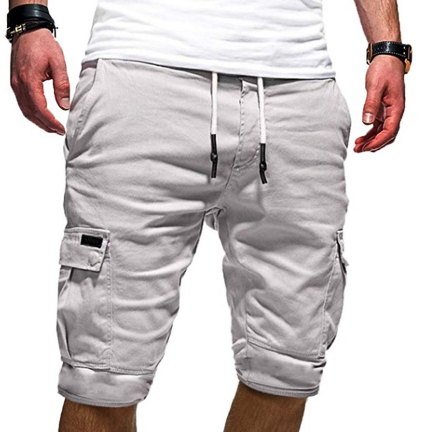 Cargo Shorts Solid Color Multi Pockets Men Loose Drawstring Shorts for Jogging