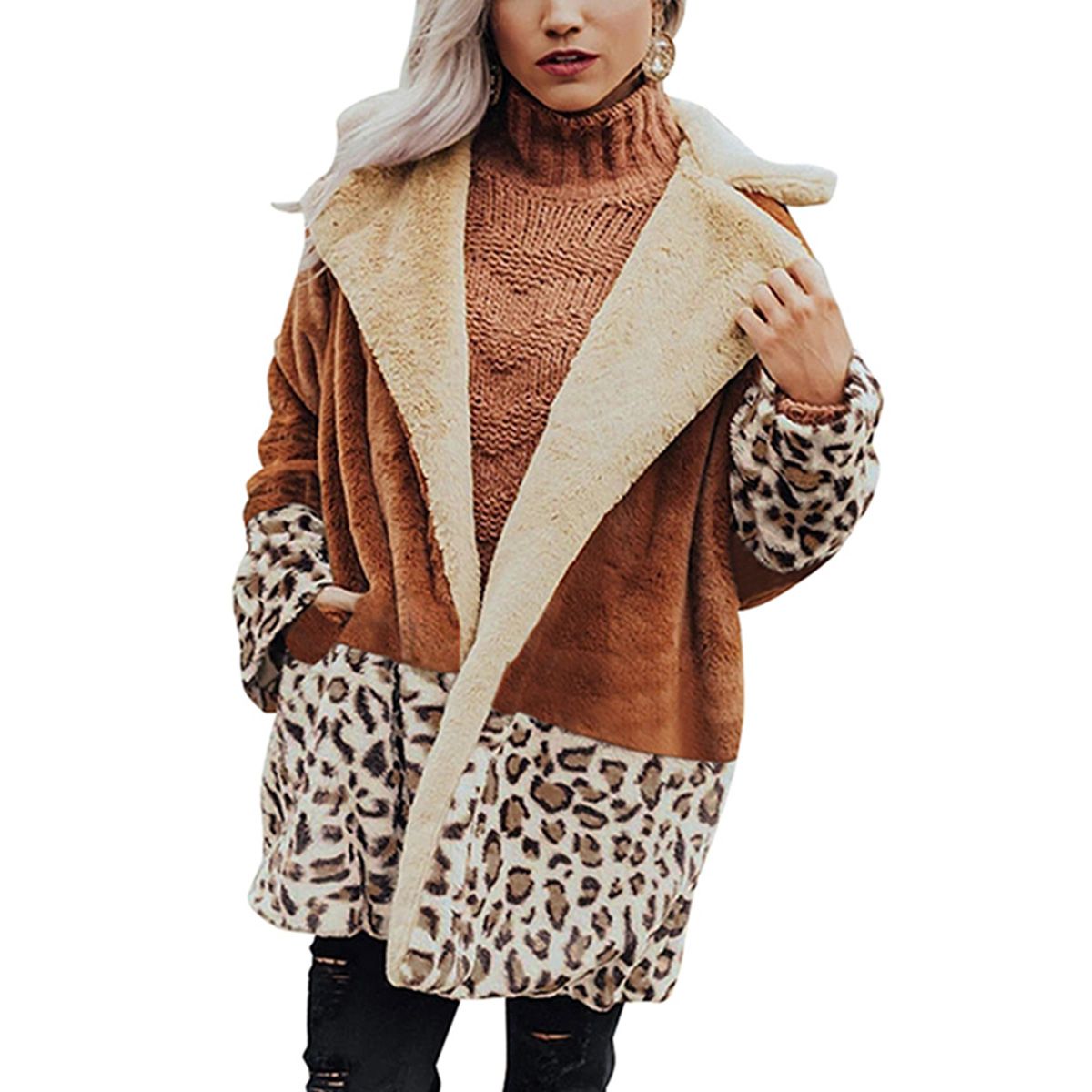 Women Color Block Coat, Long Sleeve Lapel Leopard Jacket Autumn and Winter Cardigan