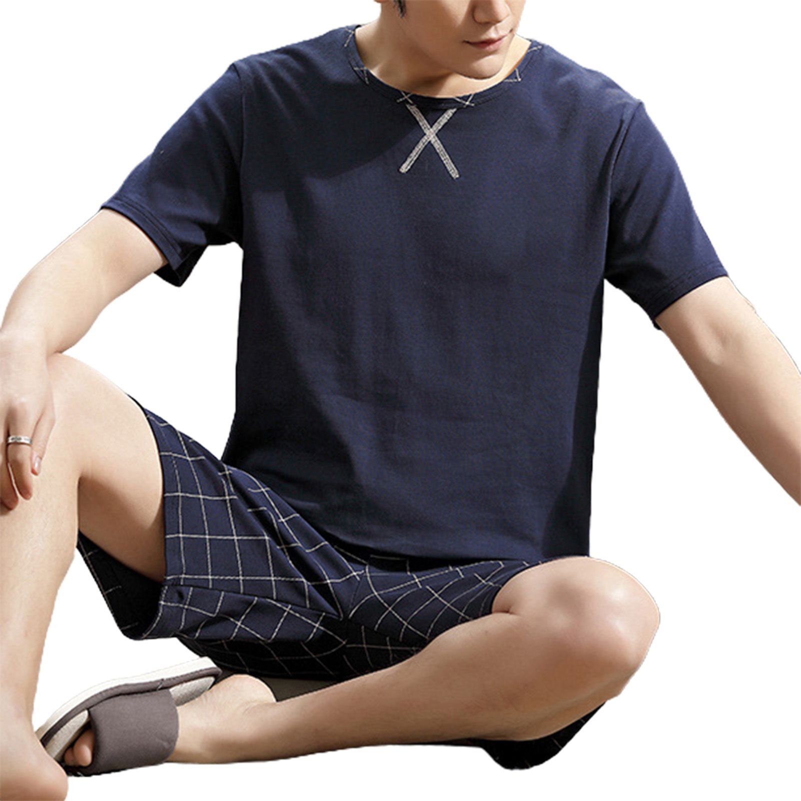 Men Sleepwear Breathable O Neck Cotton Blended Loose Summer Pajamas for Home