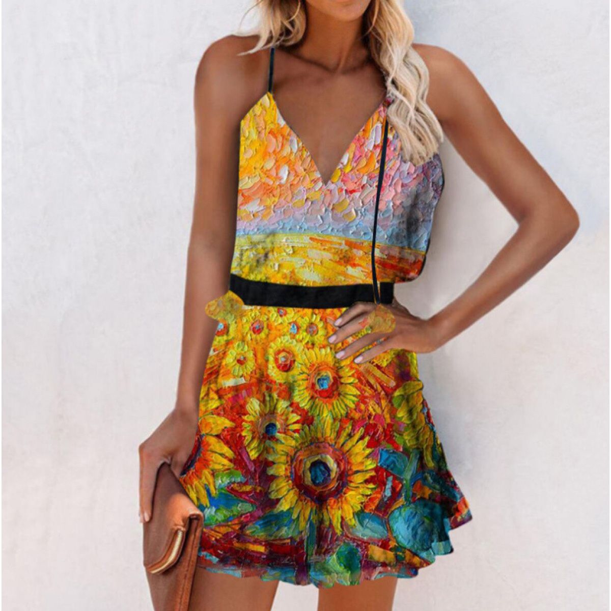 Summer Y2k Vintage Elegant Women's Dress V-neck Printed Sleeveless Ruffled Suspender Plus Size Lady Dresses Vestidos