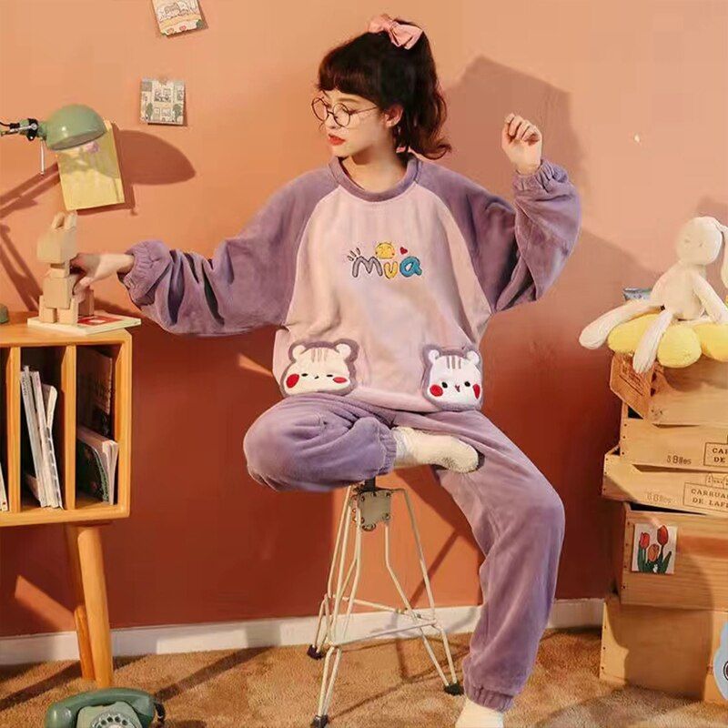 Christmas Pajamas Women's Thicke Flannel Home Clothes Ladies Sweet Wind Can Be Worn Outside Warm Suit Autumn And Winter Models