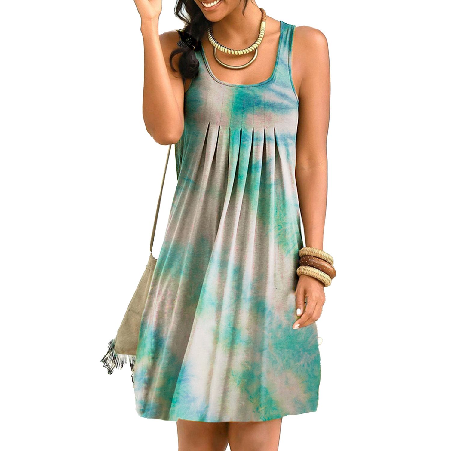 Women Dress Tie Dye Print Shoulder Strap Summer Round Neck Sleeveless Dress for Vacation