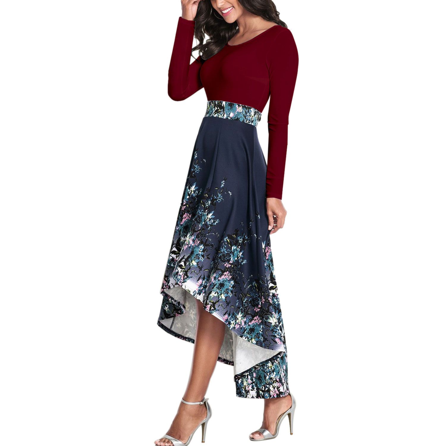 Fashion Women's Long Sleeve Skirt Round Neck One-Piece Dress Irregular Floral Print Slim Long Dress