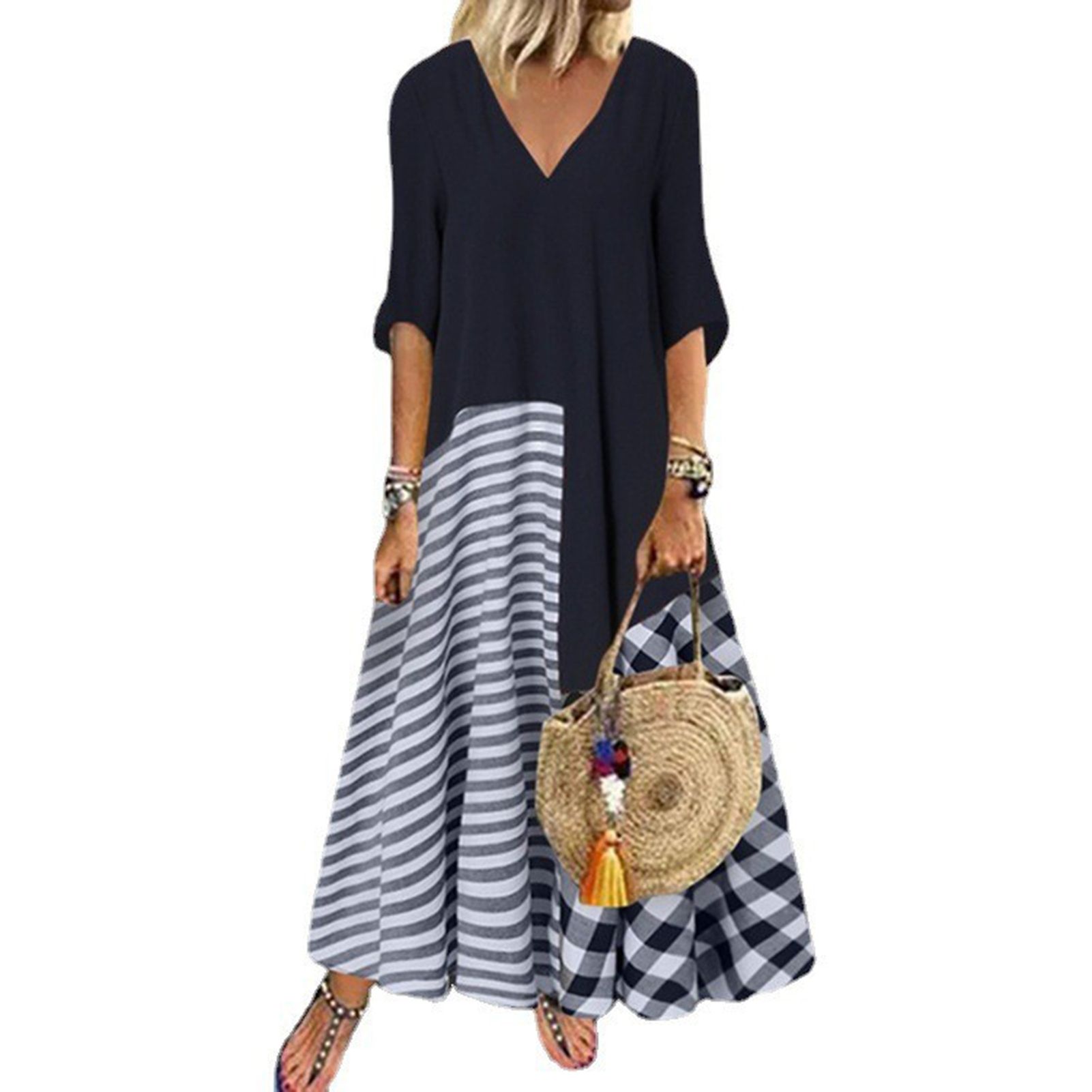 Elegant Dress V-neck Plaid Striped Splicing Print Women Sundress