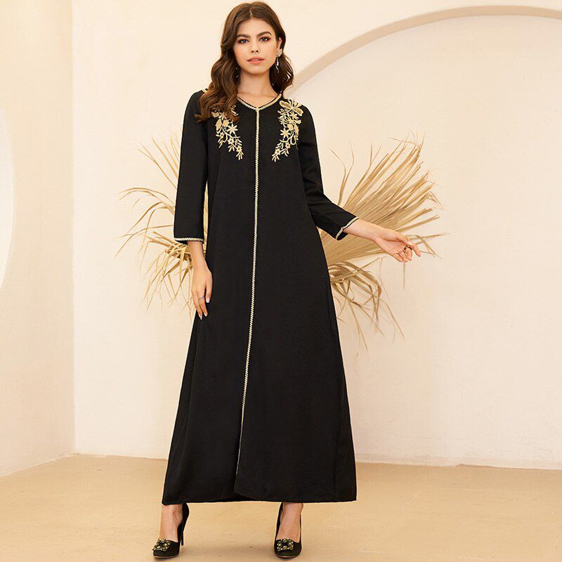 New Summer Dress Women's Fashion Arabian Style V-neck Gold Embroidery Pair Flowers Loose Black Long Sleeve Party Maxi Dresses