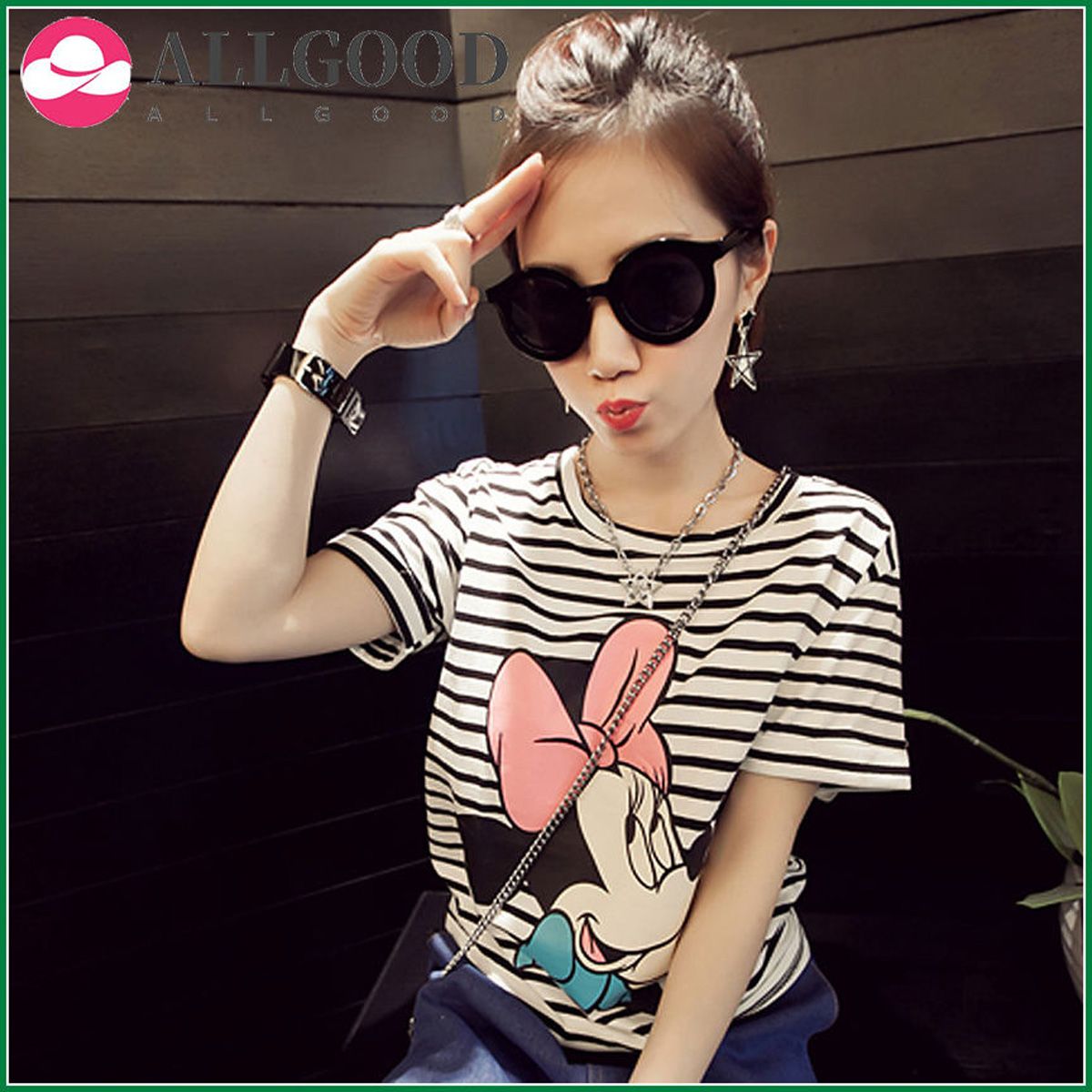 New Summer Womens T Shirts Short Sleeve Striped Mouse Print Tops Tees Tshirt Casual for Women Plus Size