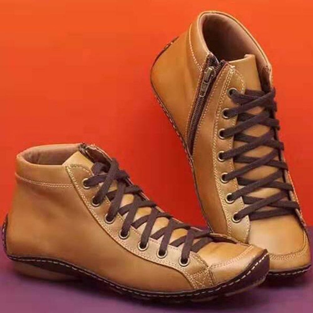 Women's Casual Flat Leather Retro Lace-up Boots Side Zipper Round Toe Shoe Boots