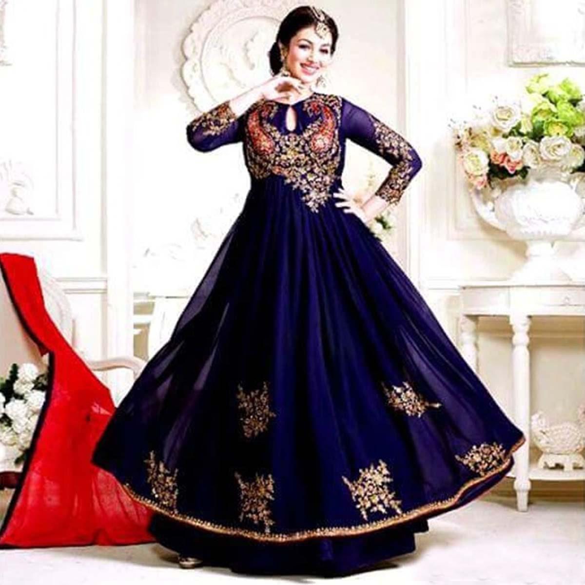 Unstitched Navy  Blue Georgette Gown for Women