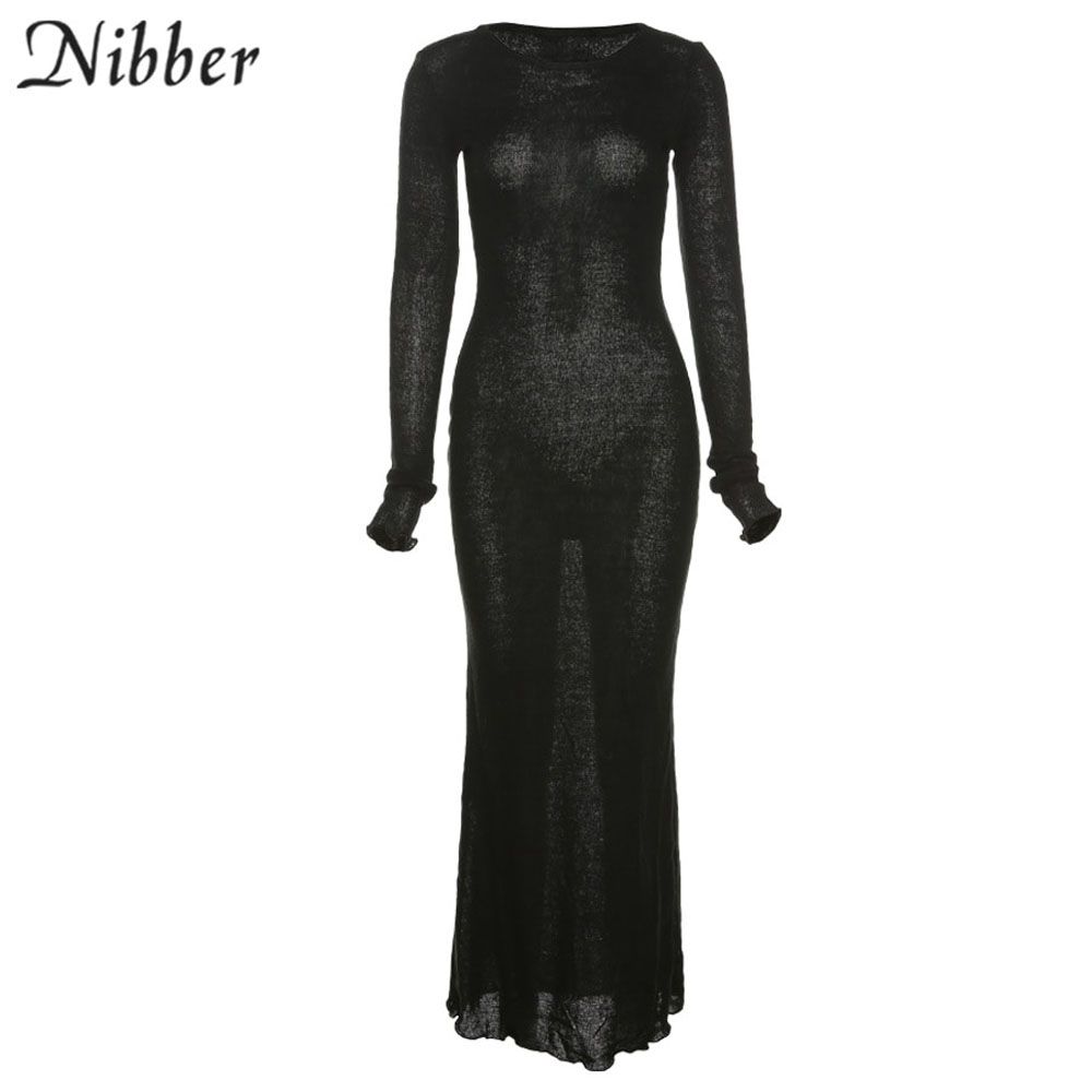 Nibber Y2K Basic O-neck Long Sleeve Maxi Dress Women Autumn Knitted Bodycon Dress Fairy Christparty Dress Casual  Streetwear