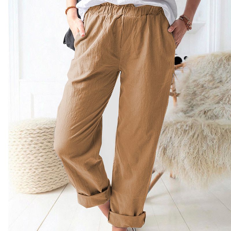 High Waist Straight Thin Women's Pants Solid Elastic Waist Trousers For Women Loose Casual Spring Summer Pant 65% Cotton