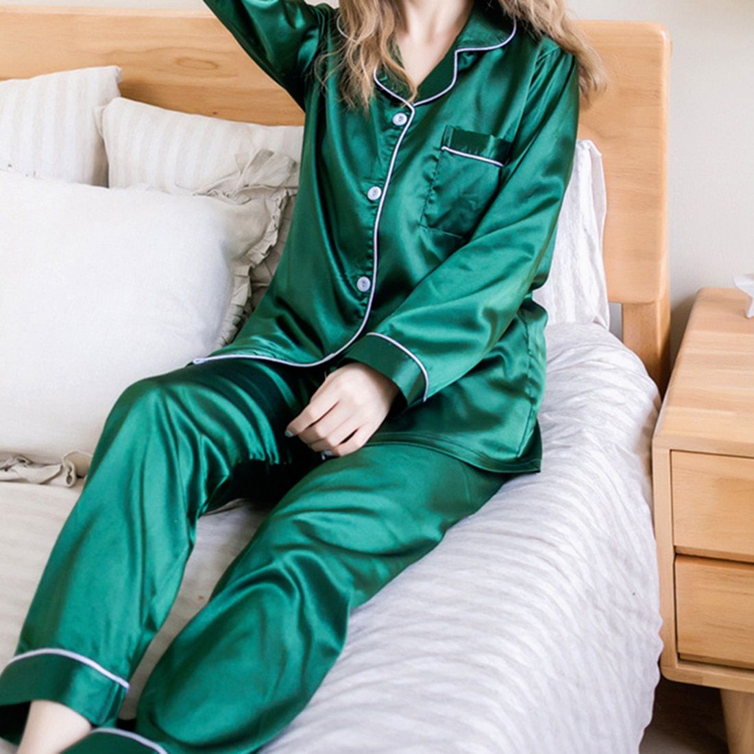 Elegant Fashion Casual Women Lady Satin Pajamas Set Pyjama Sleepwear Nightwear Loungewear Homewear