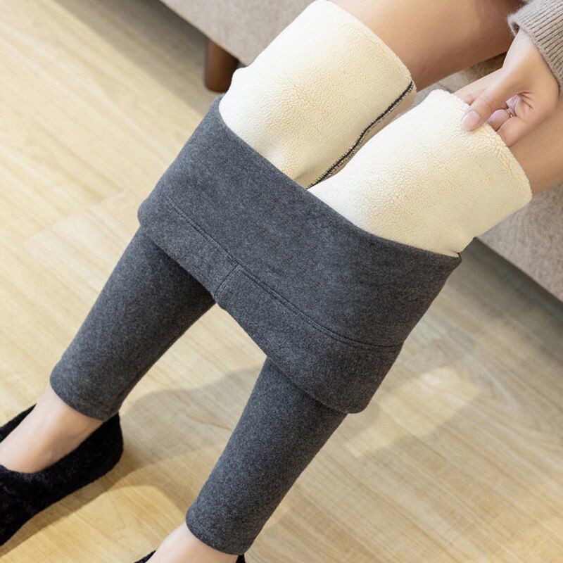 Winter Pants Women Warm Cashmere High Waist Stretch Women Pants Casual Black Soild Color Skinny Slim Trousers