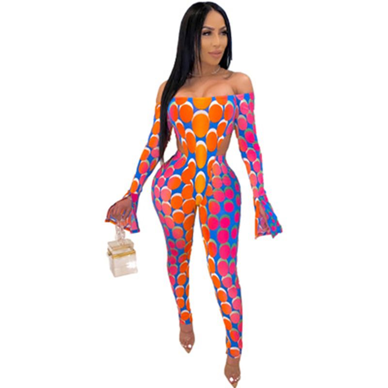 Women's Jumpsuit Long Sleeve Fashionable Patterns Shoulder Off Patchwork Split Sleeve Slim Wild Fashion Bodysuit Jumpsuit Romper