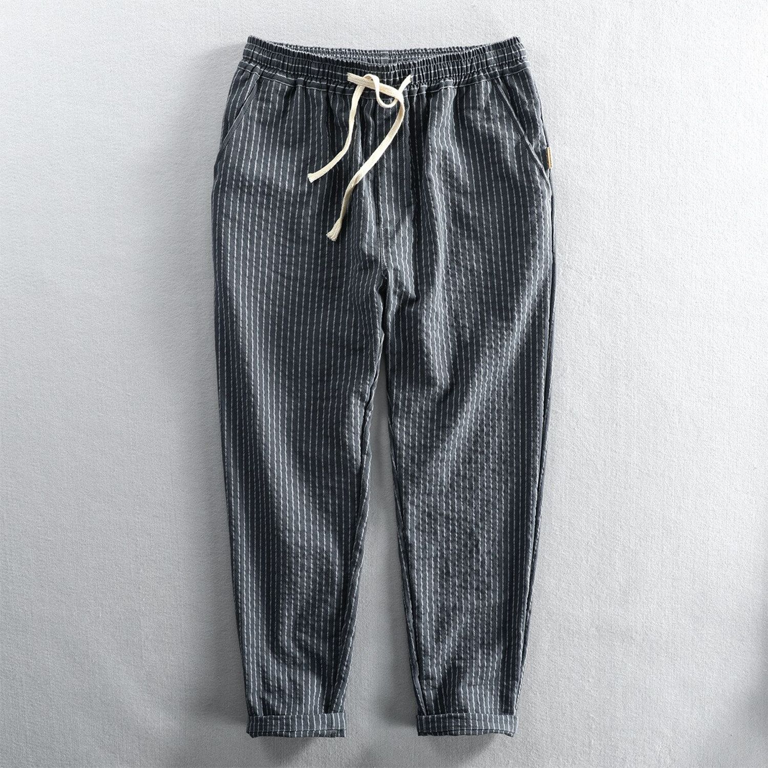 Wuji Men Spring New Fashion Elastic Waist Striped Simple Casual Japan Style Ankle Length Cotton Pants Tapered Classical Trousers