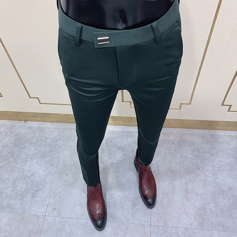 2020 New Mens Social Pants Fashion Slim on Suit Pant Men Green Pants Street Clothing Men Business Slim Dress Solid Suit Pant