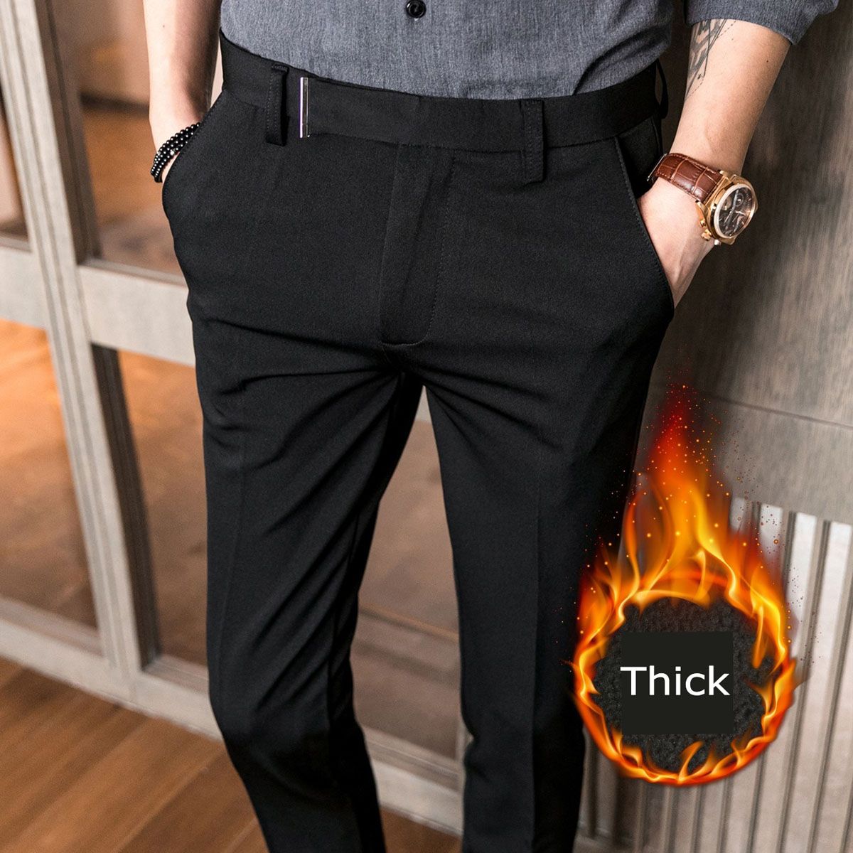 Autumn Winter New Thick Warm Stretched Suit Pants Men Clothing ple All Match Slim Fit Business Formal Wear Office Trousers 36
