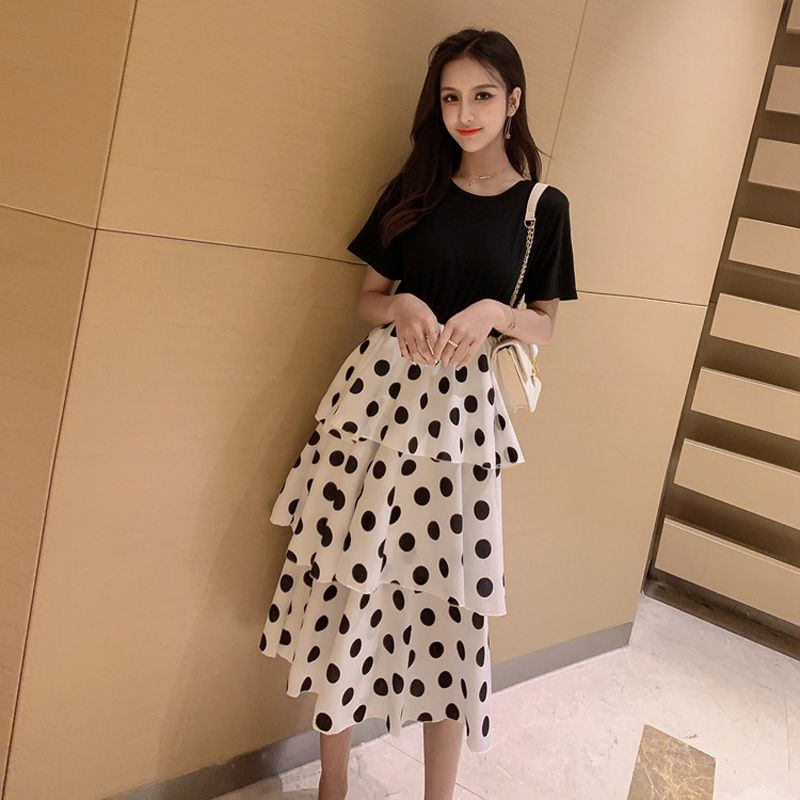 New Women's Mid-Length High Waist Polka Dot A-line Dress Short Sleeve Contrast Summer Dress (S/M/L/XL/2X
