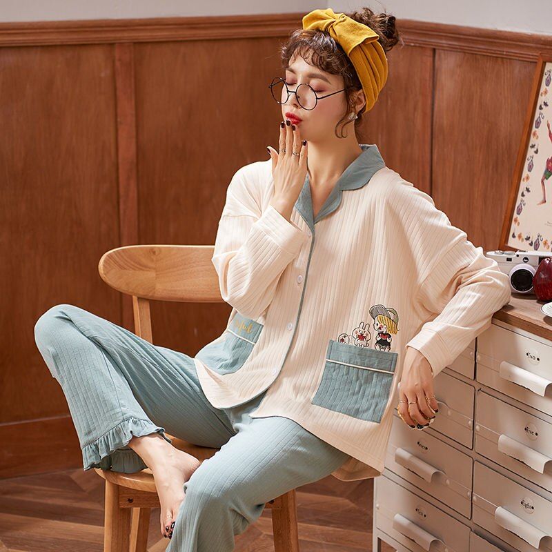 Pajama Sets Women Oversize 3XL Soft Fall Lovely Korean Fashion Pregnant Ladies Homewear Long Sleeve Chic Femme Pijamas Sleepwear