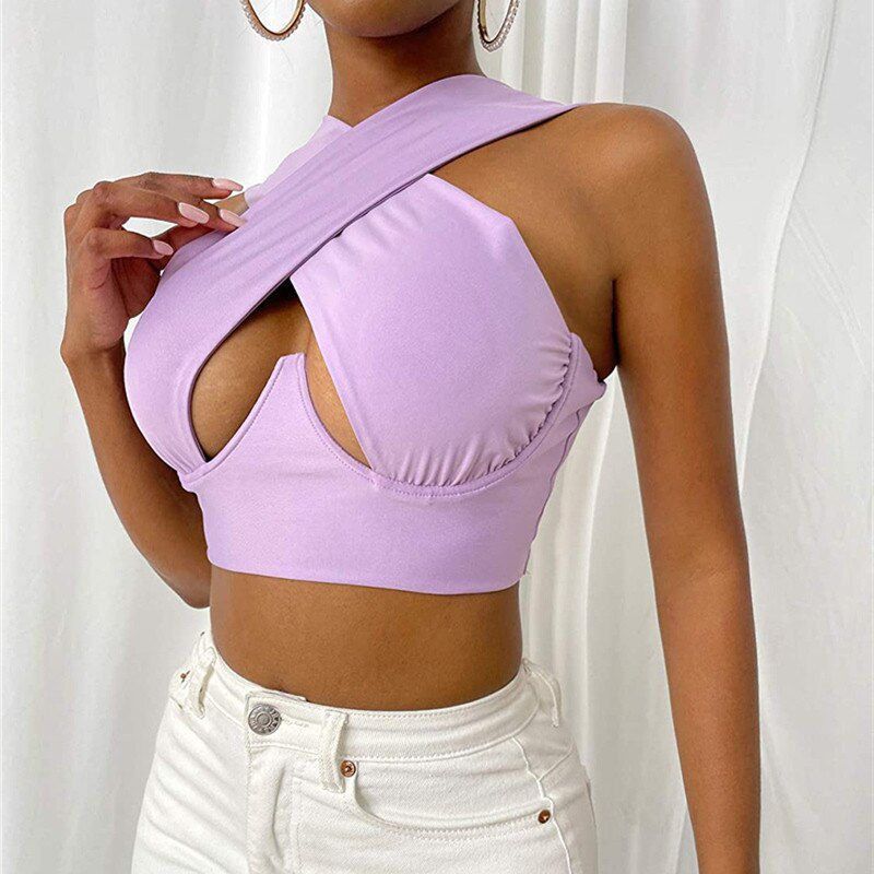 Women Criss Cross Tank Tops Sleeveless Solid Cutout Front Crop Tops Party Club Streetwear Summer Lady Bustier Tops