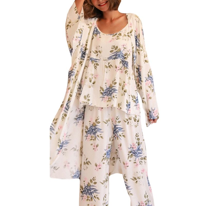 Women's 3 Pieces Pajamas Sets  Spring And Summer Wear y Women Pajama Sets Nightdress+Robe+Pant Female Pajamas