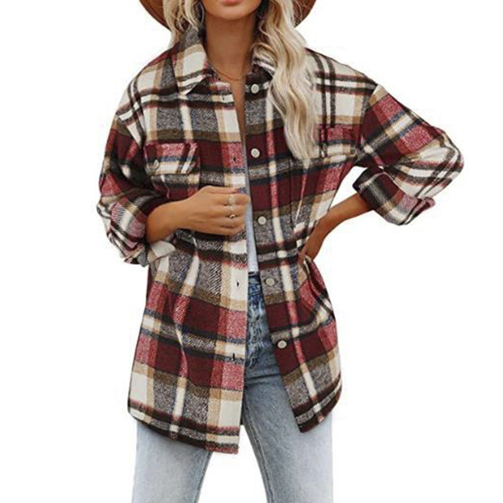 Outerwear Top Vintage Plaid Pt Single-ed Lady Jket t