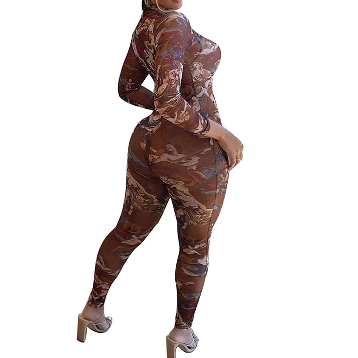 Women's Jumpsuit See Through Oil Painting Crew Neck Long Sleeve One-piece Garment Brown Zipper