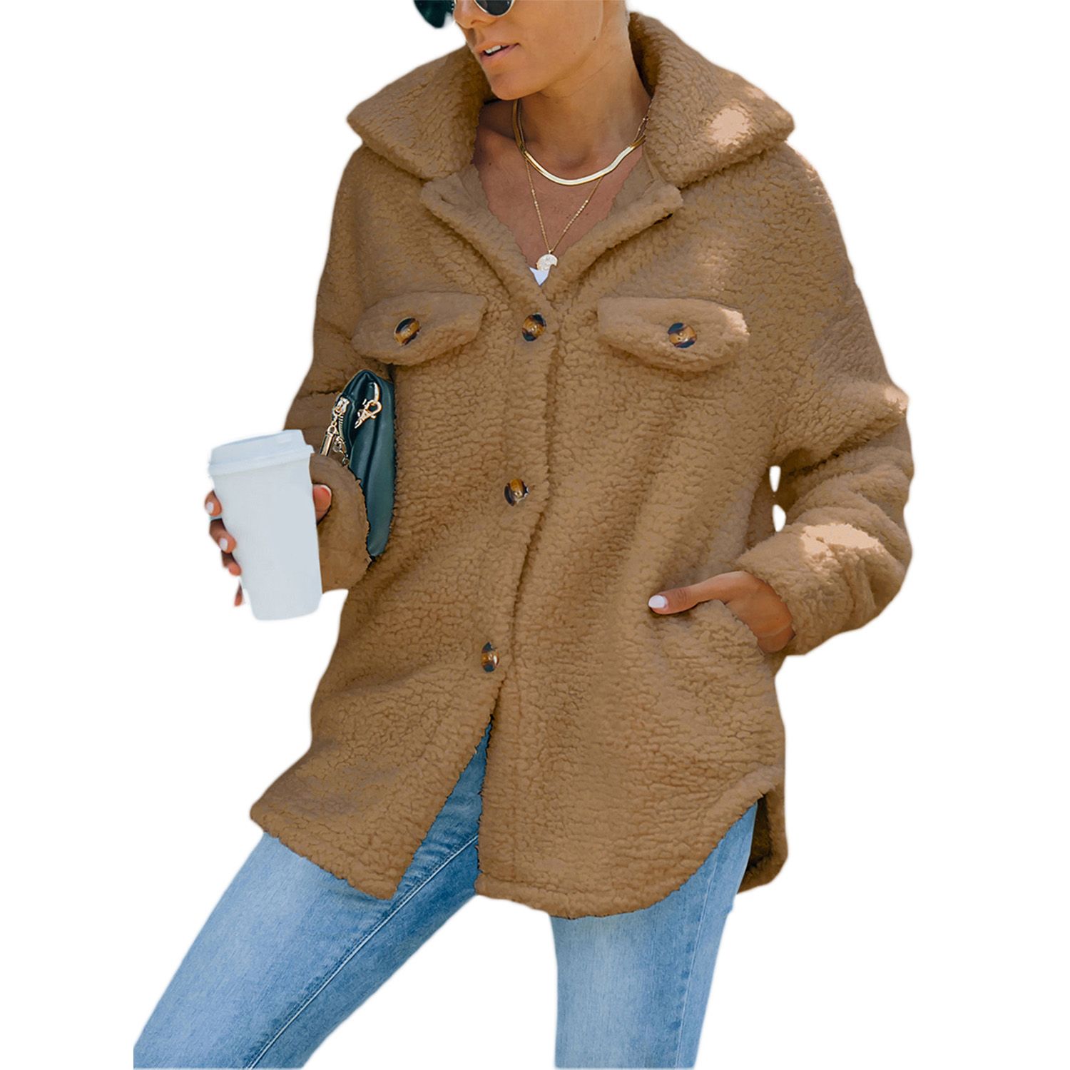 Female Coat, Solid Color Turn-Down Collar Long Sleeve Greatcoat Jacket for Fall Winter, S/M/L/XL