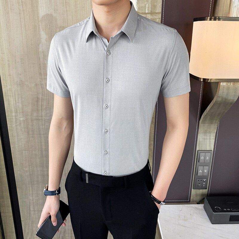 British Style Summer Short Sleeve Shirt Men Fashion 2021 Business Formal Wear Slim Fit Men Dress Shirts Solid All Match Blouses