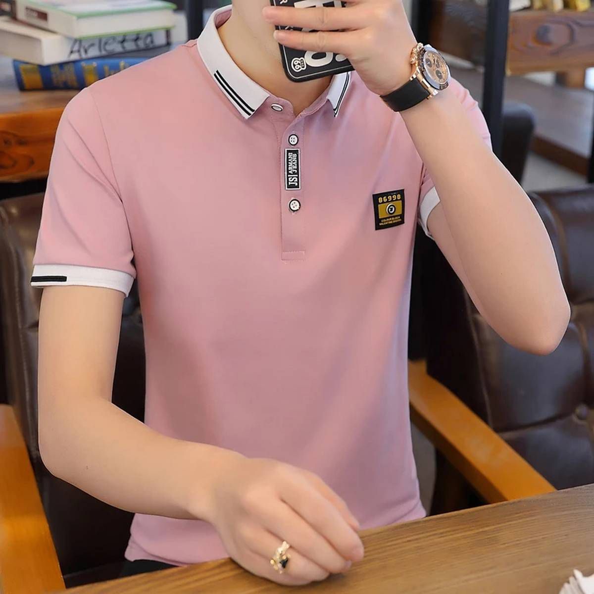 Pink Cotton Short Sleeve Polo T-Shirt For Men