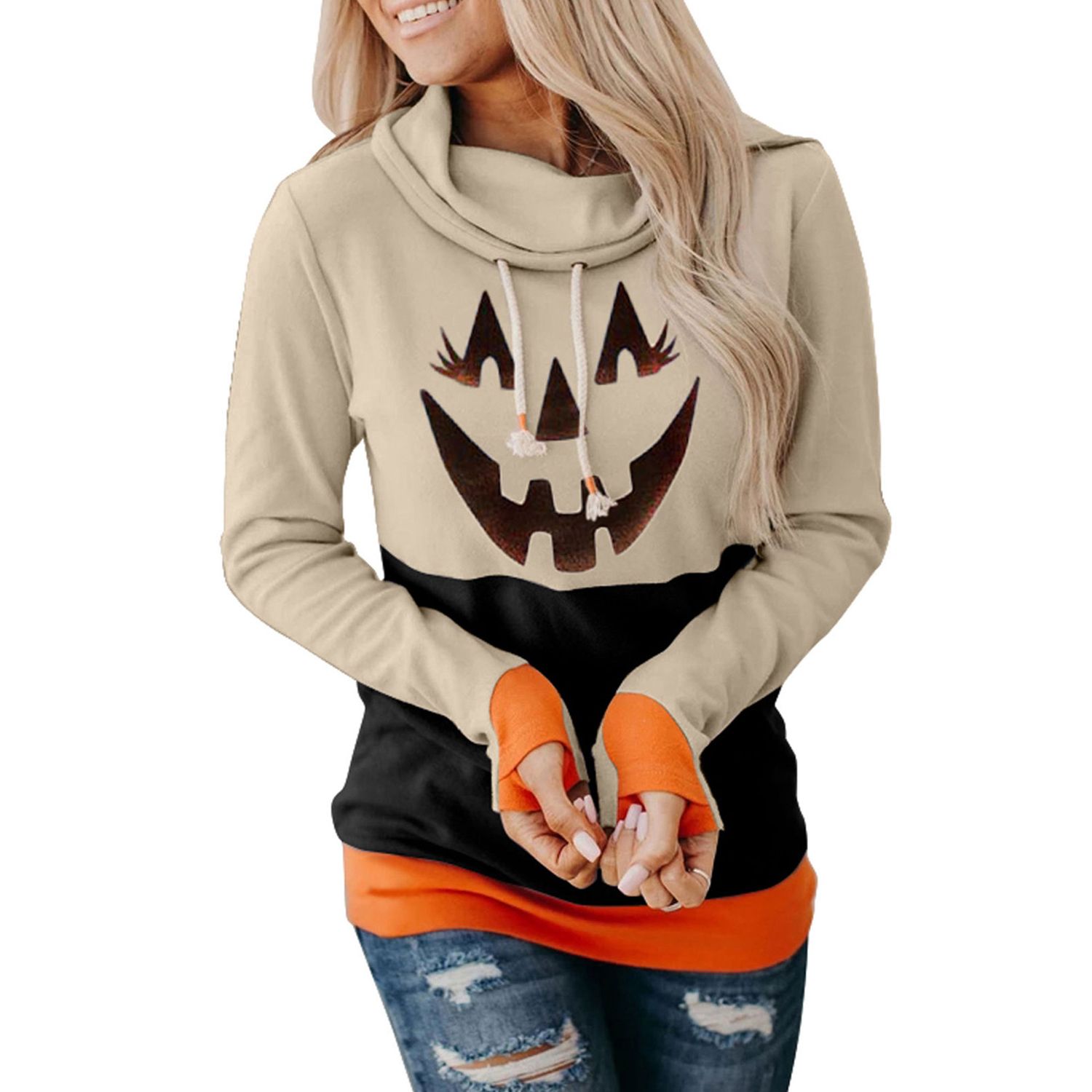 Women's Top Pumpkin Print Long Sleeves Finger Cuff Drawstring Autumn Clothes for Halloween Carnival