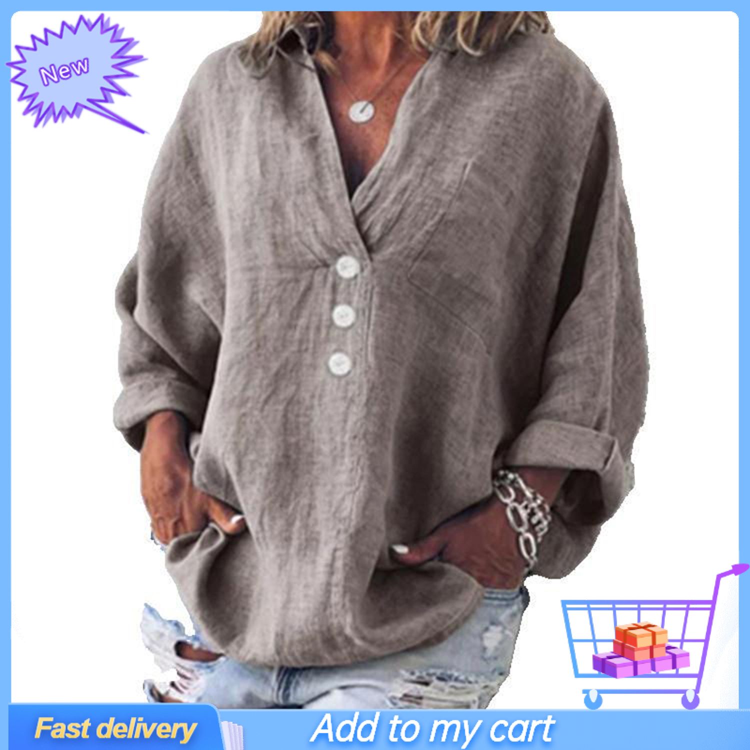 Women Blouse Solid Color V Neck Summer Long Sleeve Buttons Lapel Top for Party